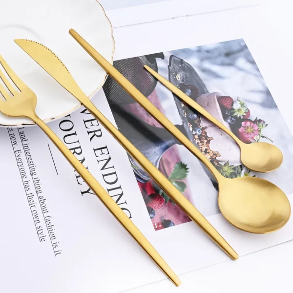 16Pcs Gold Matte Cutlery Set Knife Fork Spoons Dinnerware Set Stainless Steel Tableware Western Flatware Kitchen 3