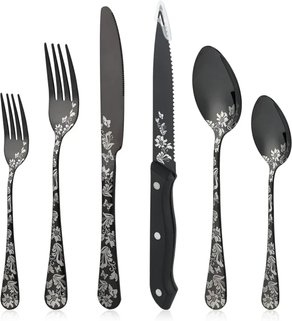 24 Piece Black Silverware Set with Steak Knives Unique Flower Design Flatware Cutlery Set Fork Spoon