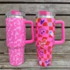 40oz Pink Tumbler with Handle and Straws Stainless Steel Water Bottle Coffee Insulated Cup Car Vacuum 1