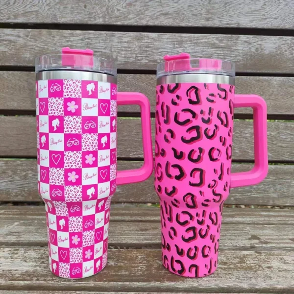40oz Pink Tumbler with Handle and Straws Stainless Steel Water Bottle Coffee Insulated Cup Car Vacuum 2
