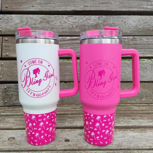 40oz Pink Tumbler with Handle and Straws Stainless Steel Water Bottle Coffee Insulated Cup Car Vacuum 3