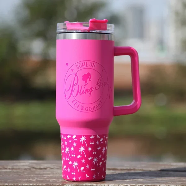 40oz Pink Tumbler with Handle and Straws Stainless Steel Water Bottle Coffee Insulated Cup Car Vacuum 4