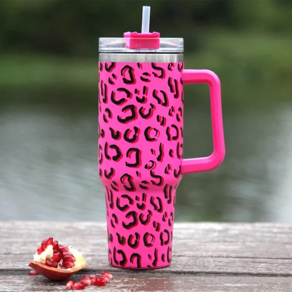 40oz Pink Tumbler with Handle and Straws Stainless Steel Water Bottle Coffee Insulated Cup Car Vacuum 5