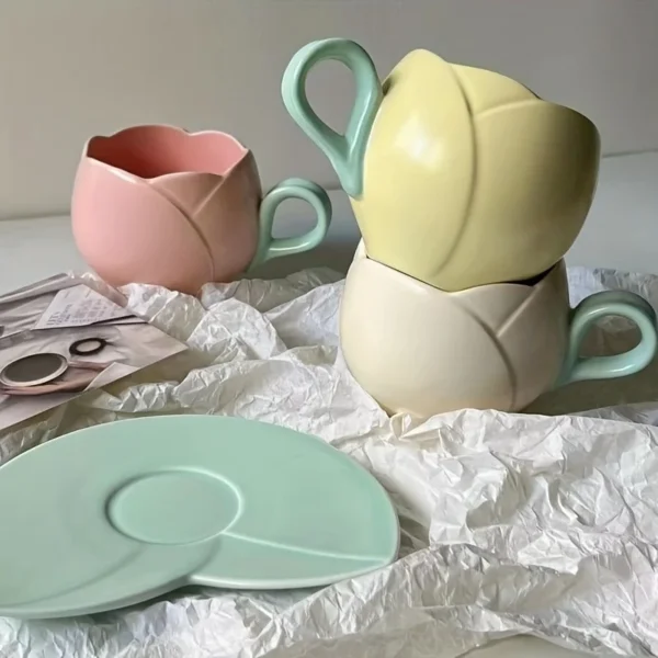 Creative Flower Set Mugs Vintage Tulip Mugs and Saucers Flower Shaped Ceramic Coffee Mugs and Saucers 2