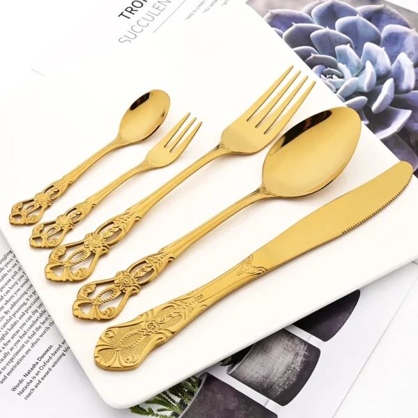 Drmfiy Western 16Pcs Flatware Royal Gold Dinnerware Set Stainless Steel Mirror Knife Tea Spoon Fork Cutlery 1