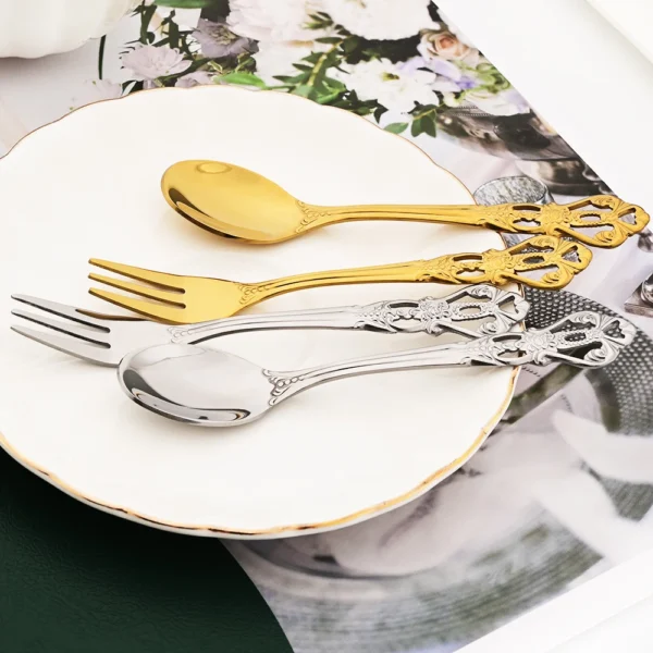 Drmfiy Western 16Pcs Flatware Royal Gold Dinnerware Set Stainless Steel Mirror Knife Tea Spoon Fork Cutlery 3