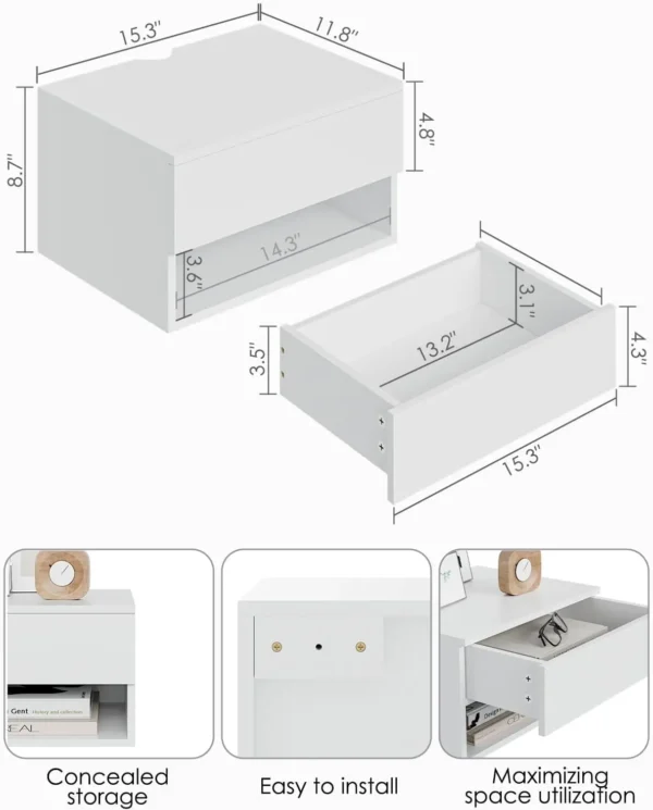 Floating Nightstand Small Modern Nightstand with Drawer Shelves for Bedroom Bathroom White 1