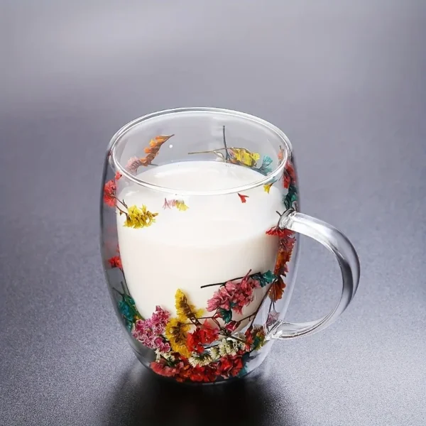 Flowers Inside Glass Coffee Mug 350ml Double Walled Espresso Cups Heat Insulated Quicksand Water Cups Summer 2