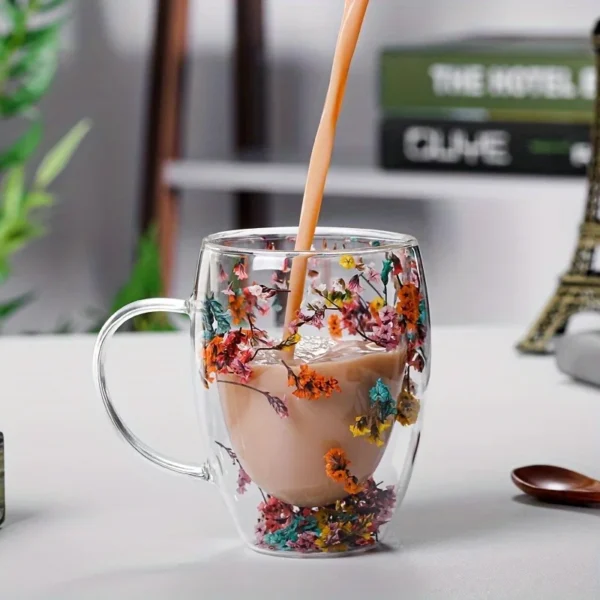 Flowers Inside Glass Coffee Mug 350ml Double Walled Espresso Cups Heat Insulated Quicksand Water Cups Summer 3