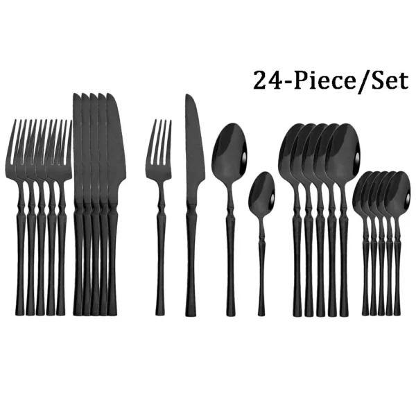 JANKNG 24Pcs Cutlery Set Stainless Steel Dinnerware Tableware Kitchen Food Flatware Black Silverware Bright Set Fork 1