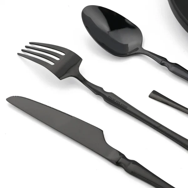 JANKNG 24Pcs Cutlery Set Stainless Steel Dinnerware Tableware Kitchen Food Flatware Black Silverware Bright Set Fork 2