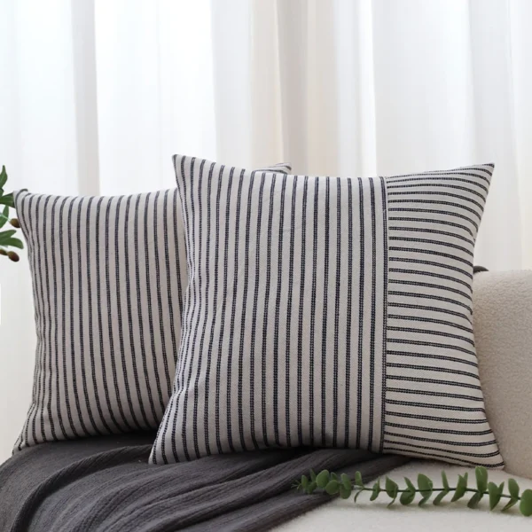 Patchwork Farmhouse Pillow Covers 18x18 Inch Striped Linen Decorative Modern Accent Pillow Cases for Sofa Couch 2