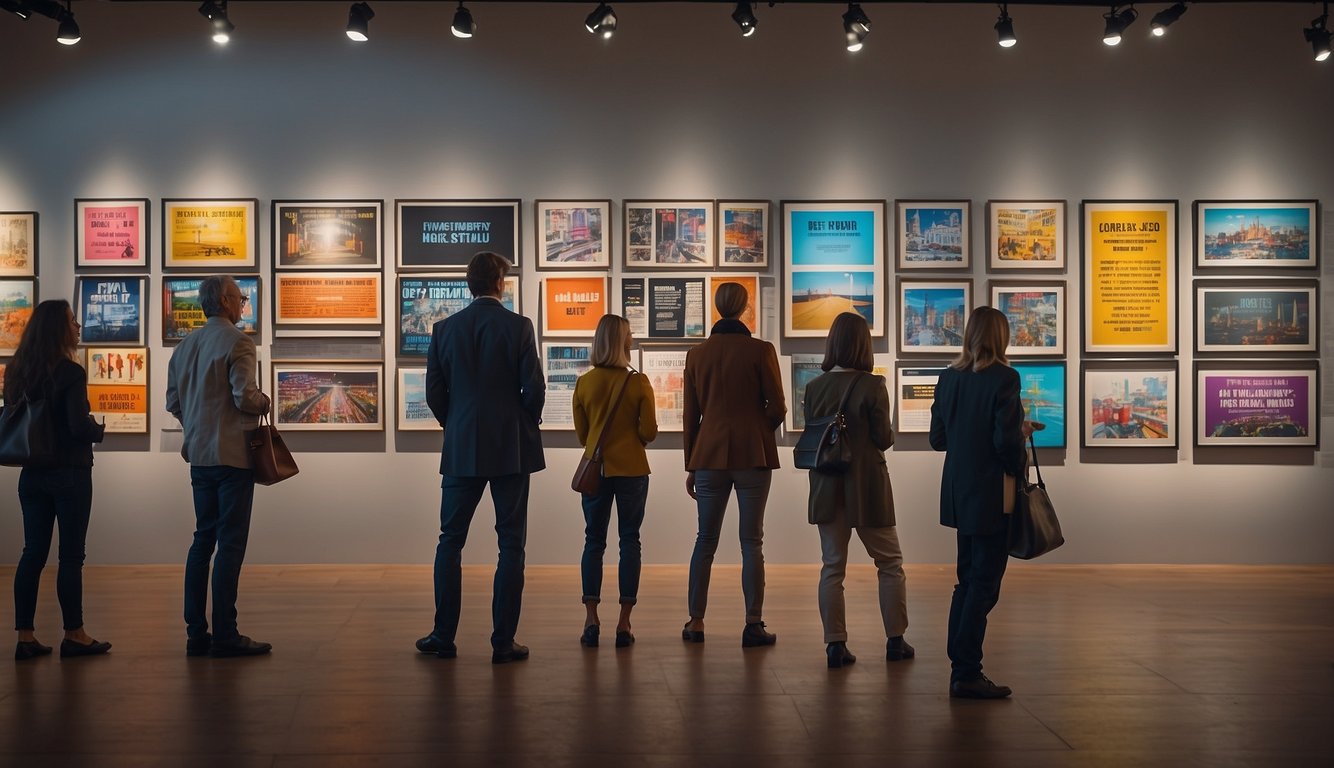 A group of people browsing through a colorful gallery of artwork, with large signs reading "Frequently Asked Questions" and the names of famous contemporary artists
