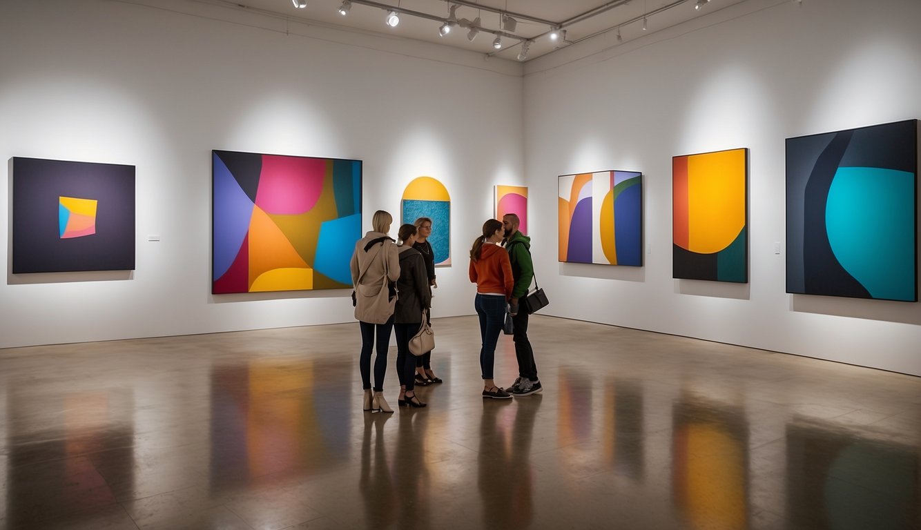 A bustling art gallery filled with vibrant, abstract paintings and sculptures. Visitors admire the bold colors and unique textures of the contemporary artwork