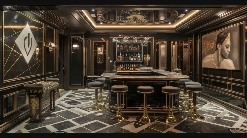 15 Modern Basement Bar Ideas | That Will Surprise You 2025 9 Modern Basement Bar Ideas Art Deco Elegance