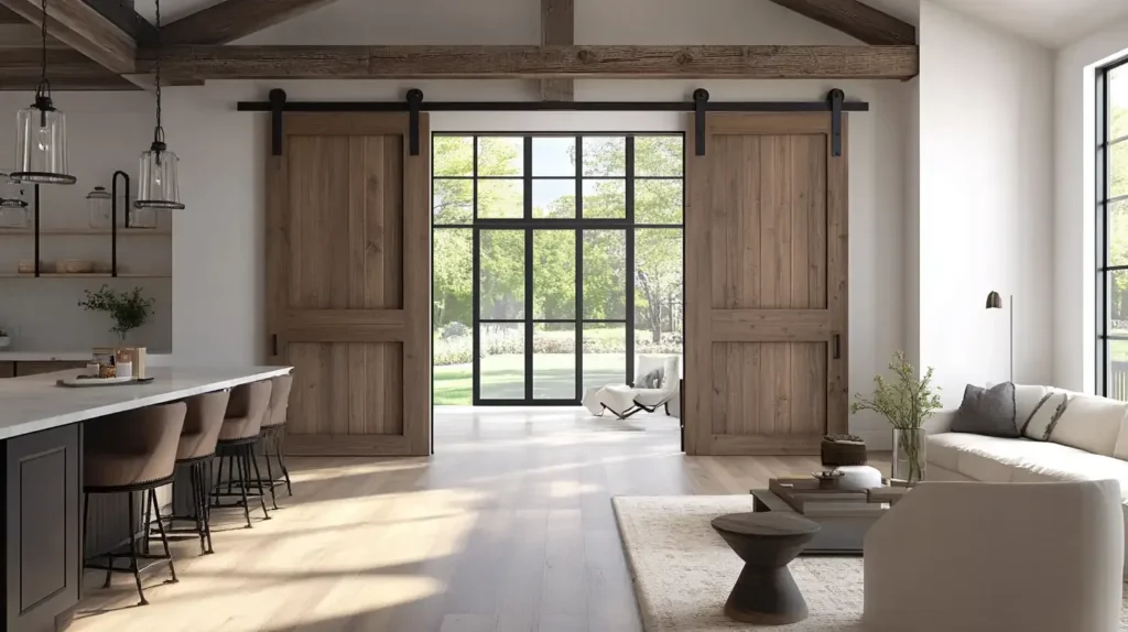 A barn with modern farmhouse style, featuring sliding barn doors, rustic wood, black metal hardware, and a clean, minimalist aesthetic